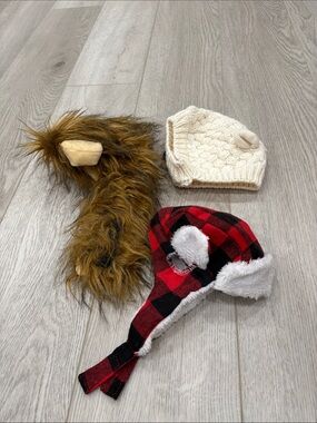 Set of Three Cozy Winter Hats - Buffalo Plaid, Cream Knit & Faux Fur dog size M